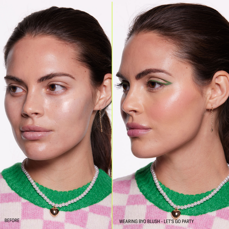 woman wearing youthforia byo blush before and after color changing ph blush oil