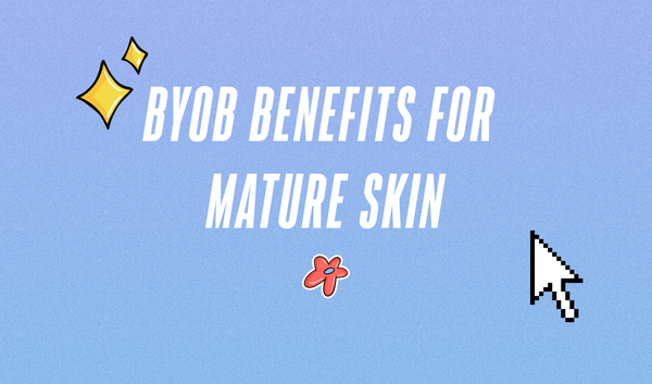 BYO Blush benefits for mature skin on a blue background
