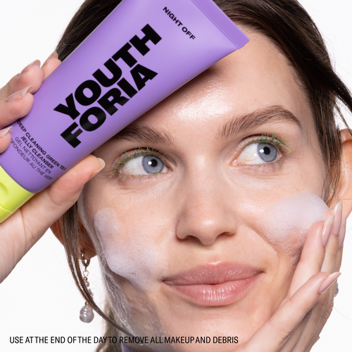 Youthforia Night Off Face Wash foamy lather on face
